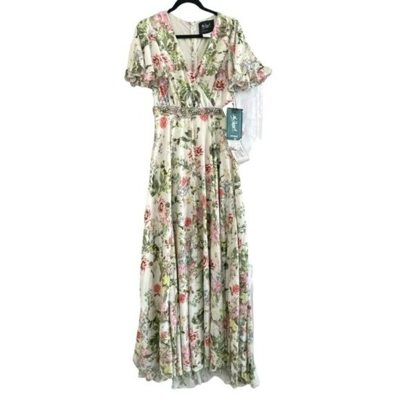 Mac Duggal Floral Beaded Flutter Sleeve Formal Gown Long Maxi Dress NWT Size 2 - Picture 3 of 8